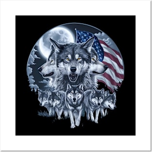 Wolves Under Moon Howling Wolf 4th of July American Flag Posters and Art